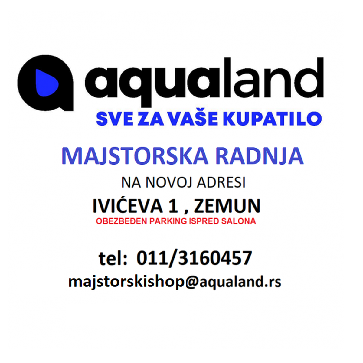 Aqualand Majstorska radnja — nova adresa od 12.01.2026.